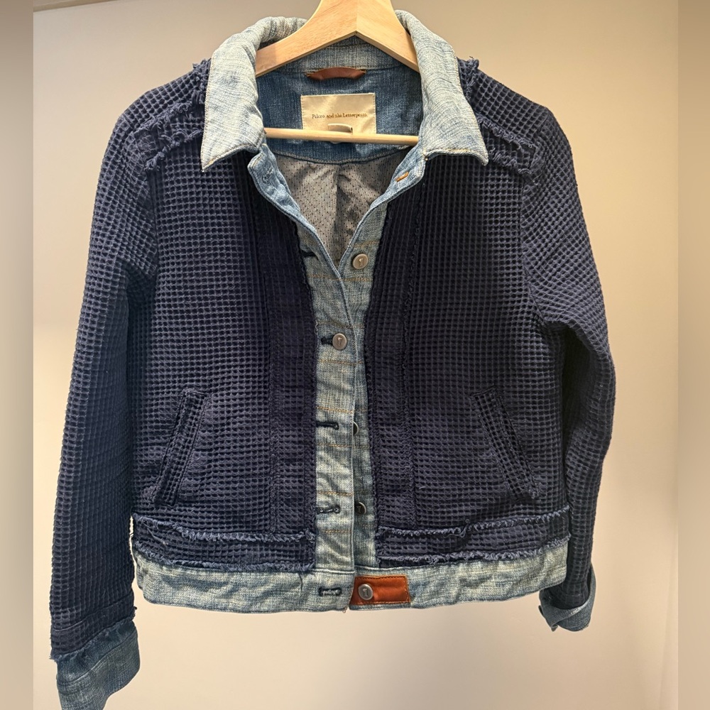 Pilcro Blue Denim-Trim Waffle Knit Jacket